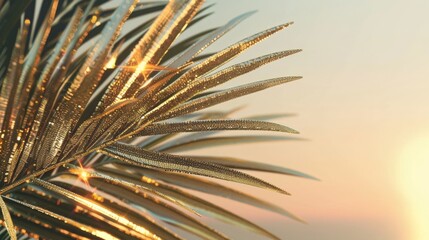 Obraz premium A golden palm leaf glimmers against a soft sunset sky