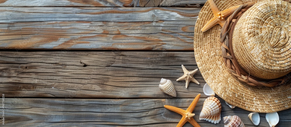 Wall mural Hat and shells on wood backdrop: Idea for summer holiday. Ample room for writing