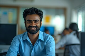 Obraz premium A young man with a beard smiles at the camera while working in an office