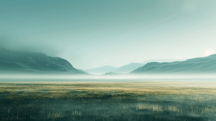Fototapeta premium Grass fields and misty mountains