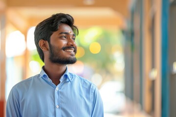 Obraz premium A young man with a beard smiles and looks up in a blurry city setting