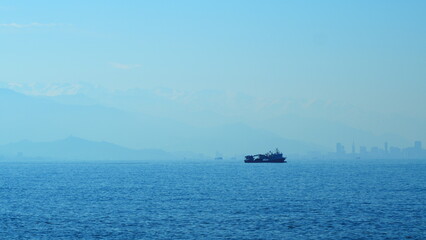 Fishing Ship Trawler At Day In The Sea. Ship Sailing Close Up Fishing Boat. Real time.