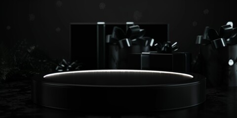 Black flat border with space for text. Dark frame. Gift boxes with black bows in a dark setting, featuring minimal lighting for a dramatic effect.