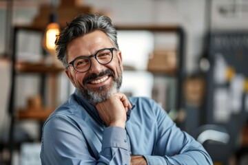 Fototapeta premium A middle-aged man in an office setting with a blue shirt, wearing glasses, smiles warmly