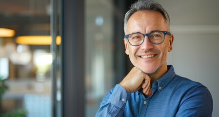 Obraz premium A middle-aged man with grey hair smiles warmly while wearing glasses and a blue button-down shirt in an office setting