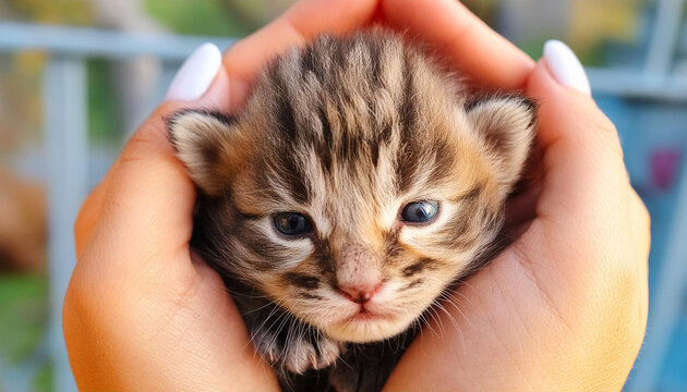 manos de una persona sosteniendo un gatito peque&ntilde;o recien nacido mirada tierna y adorable peque&ntilde;o gato