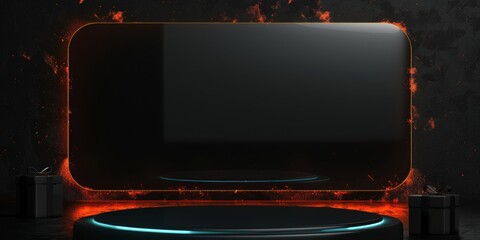 Single black gift box with a bow placed near a neon-lit frame, creating a modern and stylish effect