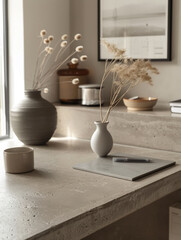 Minimalist workspace with vases and stationary on a concrete desk.