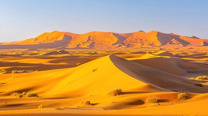 Illustration of sand dunes in the Sahara Desert, with sunlight in the background. Ai generated image