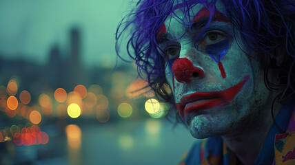 A sad clown with blue hair and face paint stares in the night.
