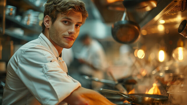 Young male chef cooking in a busy restaurant kitchen.