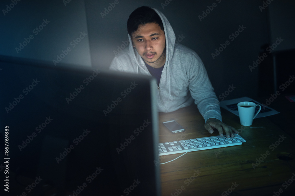 Poster Man, hacker and tired with computer in night for programming, software and working on project for system breach. Cybersecurity, dark and network for media , technology and online with user experience