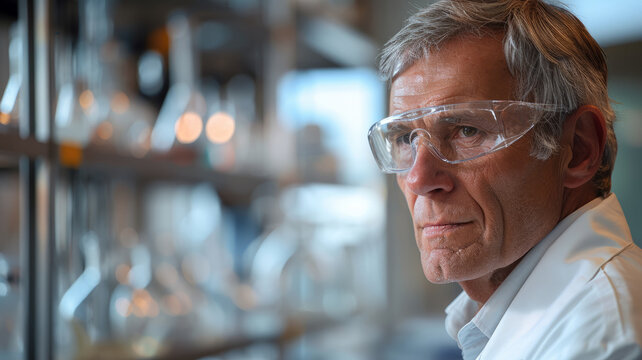 Senior male scientist in laboratory wearing protective glasses.