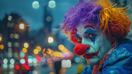 A clown in colorful makeup and wig at night in a city with bokeh lights.