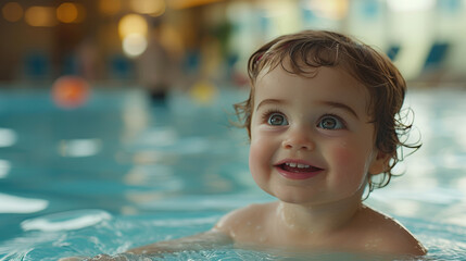 Seven month old smiling baby learning to swim in the pool	