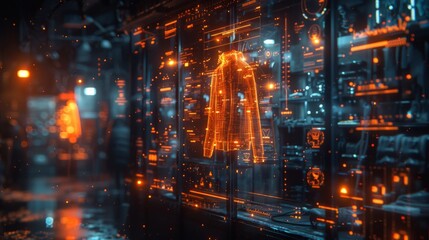 Futuristic Digital Coat Display in Cyberpunk City - Generative AI