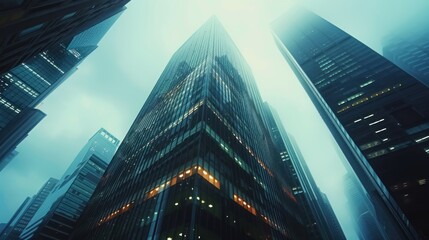 Close up view of modern office building skyscrapers, wallpaper background. Ai generated image