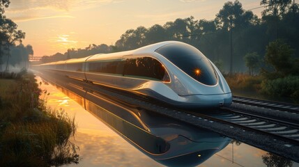 Obraz premium Modern High-Speed Train at Sunrise - Generative AI