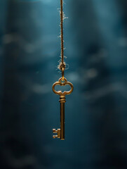 A gold antique key hanging on a string against a blurred background.
