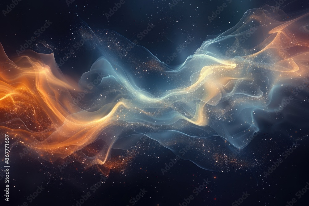 Poster a minimalist depiction of a galactic surge, with soft waves of color and light radiating through the