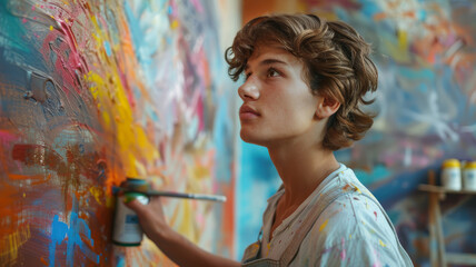 Fototapeta premium Teenage boy painting a colorful graffiti mural on a wall.