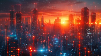 Fototapeta premium Futuristic Cityscape at Sunset with Neon Lights and Skyscrapers