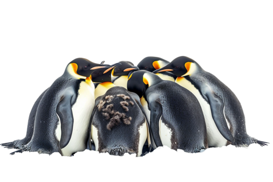 Penguins in a Huddle for Warmth isolated on transparent background