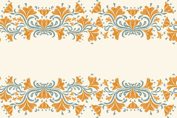 Ethnic Floral pattern seamless paisley embroidery Ikat texture border flower motifs. Vintage lotus damask Europe Bohemian orange colour vector illustration design .