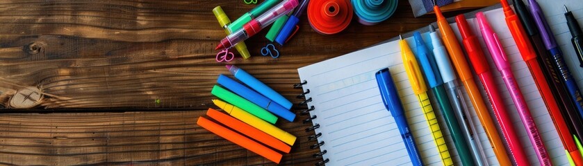 Fototapeta premium Colorful assortment of stationery items, including pens, markers, and notebooks, neatly arranged on a wooden desk ready for creative work or school.