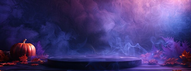 Podium halloween product background pumpkin 3D autumn platform smoke stage. Halloween podium orange product ice banner dark black fall floor night purple table display sale texture wall fog happy bat.