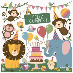 Fototapeta premium Feliz cumple and Feliz cumpleaños sign Happy Birthday vector in Spanish language, Animal kids vector Birthday party celebration gift with cake candle colorful balloons best congratulation 