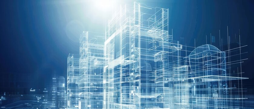 Futuristic cityscape with digital architecture blueprint on a blue background, symbolizing modern technology and innovation in urban design.