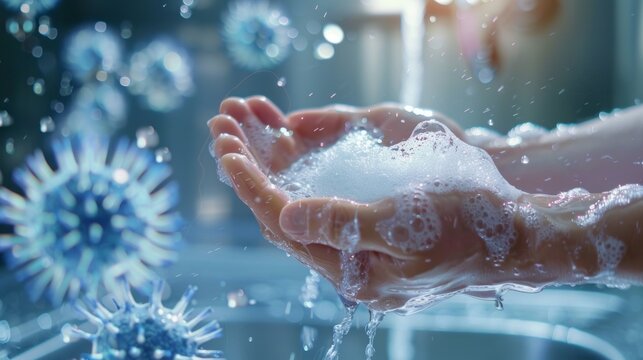Close-up shot of a person washing their hands with soap, creating a foamy lather. The image depicts a focus on hygiene and personal care, with a focus on removing harmful pathogens