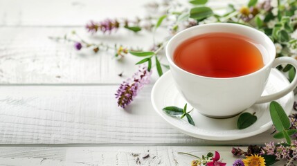 The top view of a cup of black tea on the surface covered with a pile of dry tee