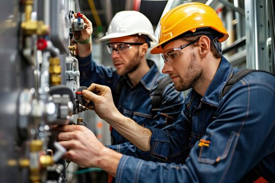 Wide shot of a team of plumbers working together to replace a faulty water heater in a commercial building