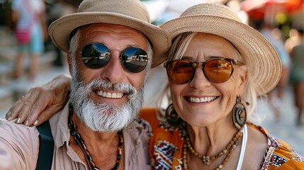  Selfie of senior couple on summer vacation.