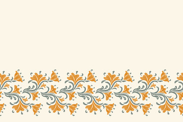 Ethnic Floral pattern seamless paisley embroidery Ikat texture border flower motifs. Vintage lotus damask Europe Bohemian orange colour vector illustration design .