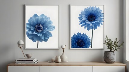Minimalist living room with framed poster mockup. Modern interior design, simplicity, and stylish living space with blue watercolors flower frame