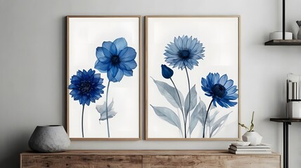 Minimalist living room with framed poster mockup. Modern interior design, simplicity, and stylish living space with blue watercolors flower frame
