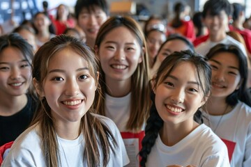 Fototapeta premium Group photo of young female Asian volunteers and donors celebrating a successful fundraiser.