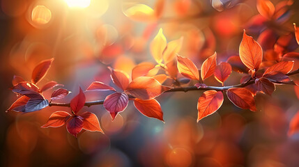 Red Leaves on a Branch in Autumn Sunlight