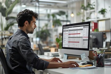 Close-up photo of Hispanic male accountant analyzing electronic invoice on computer screen in office