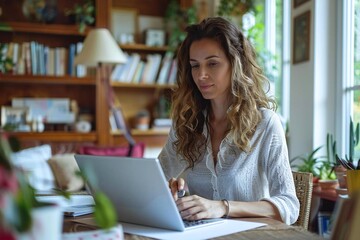 Full body photo of Caucasian woman professional entering keypad code using tablet at home