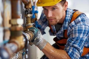 Close-up photo of male Caucasian plumber fixing a leaky faucet in a kitchen