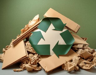 A pile of assorted paper and cardboard materials marked with the universal recycling symbol, set against a neutral background to promote environmental conservation and sustainable practices.