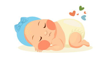 cute sweet newborn baby sleeping in diapers and with a bow on his head. Illustration for postcards, gender paty, baby shower. Vector