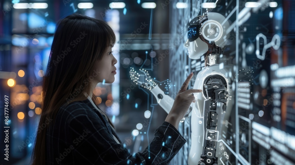 Poster in a futuristic lab, humans and robots collaborate, engaging in complex activities in a hightech env