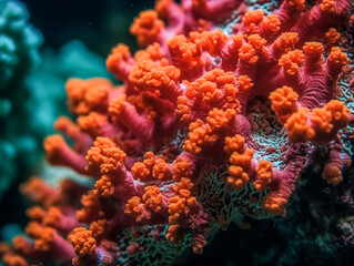 A colorful coral reef with a variety of different colored coral. The coral is bright orange and has a unique texture
