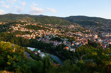 Sunset view of the Miljacka River from the terrace of the Park Princeva Restaurant on the hill above Sarajevo, Bosnia and Herzegovina