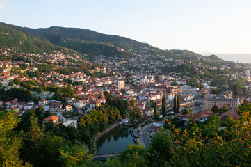 Sunset view of the Miljacka River from the terrace of the Park Princeva Restaurant on the hill above Sarajevo, Bosnia and Herzegovina